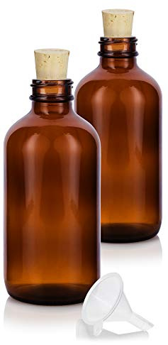 JUVITUS 8 oz Amber Glass Boston Round Bottle with Cork Stopper Closure (2 Pack) + Funnel