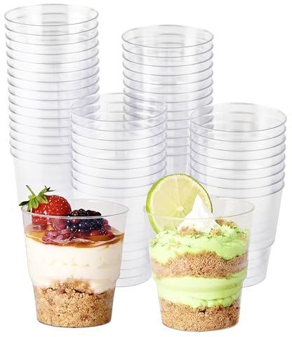 MATANA 48 Clear Hard Plastic Dessert Cups (Round, 220ml) - Sturdy & Reusable - Dessert Pots for Appetisers, Puddings, Mousses, Parfaits, Trifles, Tiramisu, Cheesecakes