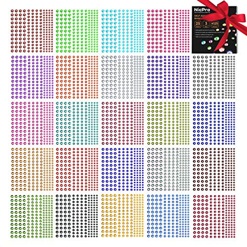 Nicpro 4125 pièces strass autocollants, strass visage auto-adhésives pour le visage, bijoux pour le corps, cristal en 3 tailles, 25 couleurs, 25 feuilles d'embellissements