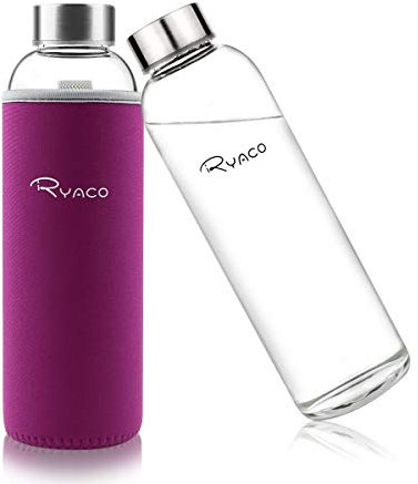 RYACO Glass Water Bottle 550ml/18oz,Borosilicate Glass Bottle with Neoprene Protective Case for Hot Cold Drinks,BPA-Free Leak Proof,Sport Water Bottles with Sponge Brush,Dishwasher Safe