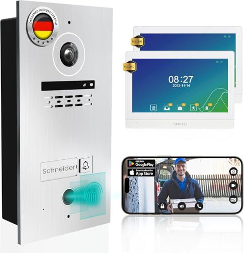 MATHFEL 2 Draht Bus Video Türsprechanlage Fingerprint mit Full HD Bildauflösunng, WLAN Schnittstelle, Fischaugenkamera 170 Grad, 2x10'' Monitor WLAN mit Gravur