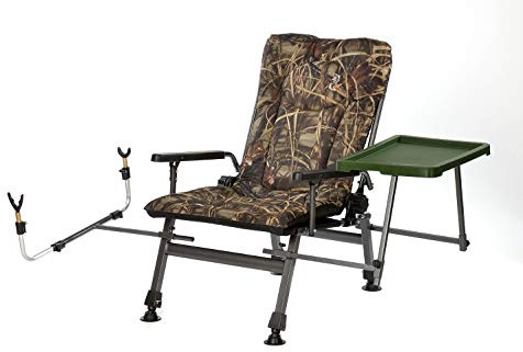 Carp F5R ST/P Chaise de pêche avec hauteur supplémentaire, tablette et support de canne à pêche Motif camouflage Pour la pêche à la carpe