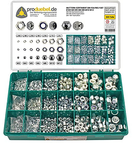 Muttern-Sortiment DIN 934/985/1587 Ø M3 - M12 * 909 Teile Ø M3 - M12 (Stahl verzinkt 8.8)