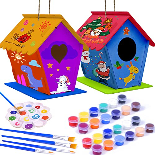 hapray 2 Pack Bird House Kit, DIY Birdhouse Kits, Wooden Crafts Arts for Children to Build and Paint (Includes Paints & Brushes) for Kids Girls Boys Toddlers Halloween Gifts
