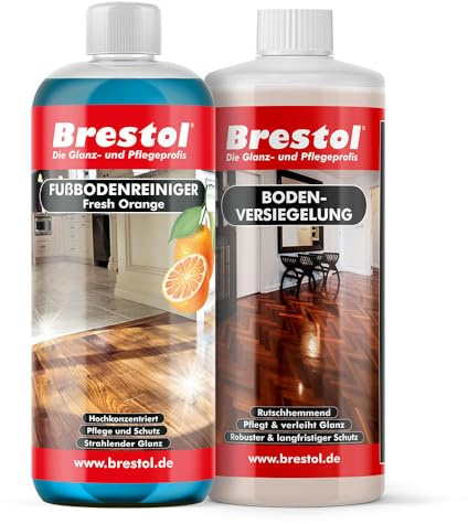 BRESTOL® BODENREINIGER Orangenfrische 1000 ml + BODENVERSIEGELUNG 1000 ml SET für Fliesen Laminat Parkett Steinböden PVC Linoleum uvm.