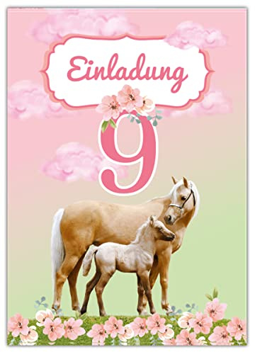 Junapack 12 Einladungskarten zum 9. Kindergeburtstag neunte Geburtstag Mädchen Pferd mit Fohlen