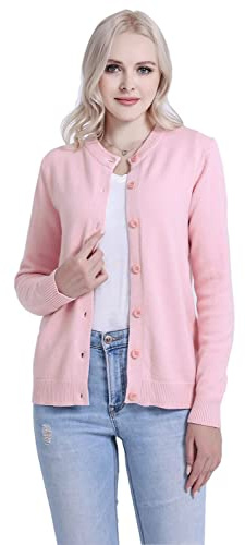 SMILING PINKER Femmes Cardigan Tricot Gilet Manches Longues Pull avec Boutons Casual Hiver(Rose,S)