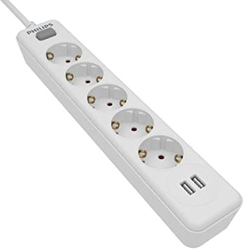Philips SPN3052WA/10 - Regleta de 5 Enchufes Schuko, Enchufe Múltiple, 2 puertos USB, Ladrón Alargador, Protección Infantil Sobretensión, Interruptor Encendido/Apagado, Cable 1,5 Metros - Color Blanco