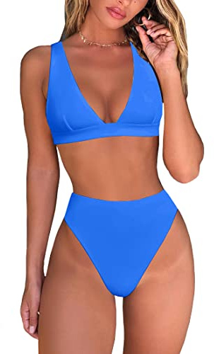 Fatty Tiger Womens High Waisted Thong Bikini Sets Sexy Brazilian Triangle Top Deep V Neck Two Piece Swimsuit Bathing Suits, Baby Blue, Medium