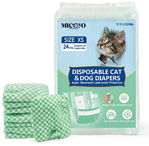 MICOOYO Valp och kattblöjor, engångsbruk, superabsorberande kattblöjor, små hundblöjor för kvinnor, justerbar midja, läckagesäkra blöjor för katter i värme, inkontinens, 24 st (grön, XS)