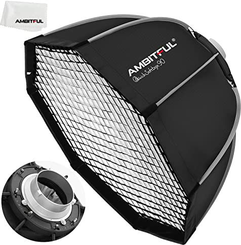 AMBITFUL Bowens Boîte à lumière à installation rapide + grille en nid d'abeille pour studio stroboscopique photographie extérieure (octogonale de 90 cm)