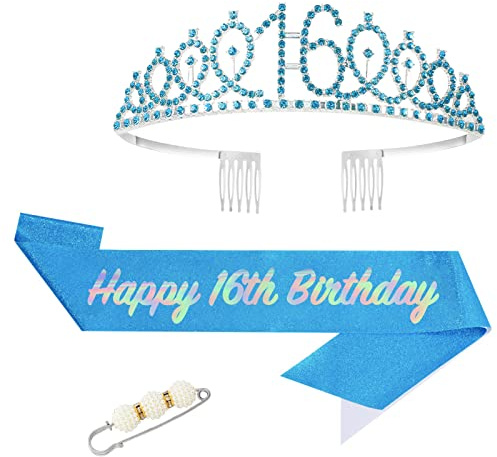 POPOYU 16 Ans Couronne Echarpe Diademe Femme,Cristal Tiara Kit pour Fille Femme Décoration de Fête,Anniversaire Femme Couronne Tiara Et écharpe De Decoration Anniversaire Cadeau 16 Ans Fille(Bleu)