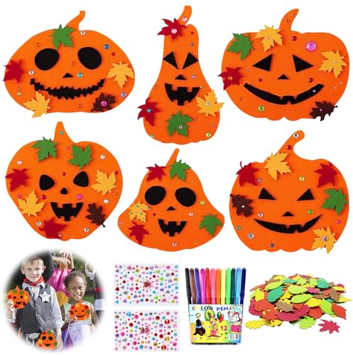 Herbst Basteln für Kinder, 12 Stück Halloween Kürbis Schaum Aufkleber, Bastelset Kinder Halloween, DIY Kürbis Bastelset mit Ahornblatt und Strasssteinen für Herbst Thanksgiving Halloween Handwerk