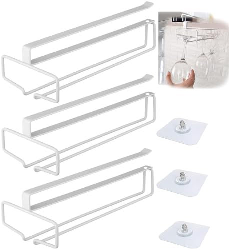 Laufunjoy 3 Pezzi Porta Bicchieri Sospesi, Wine Glass Rack Supporto Per Bicchieri A Calice Portabicchieri Sospeso Porta Calici Sottopensile per Calici Senza Foratura, Bar Ristorante Cucina, Bianco