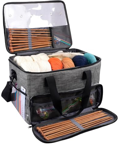 igadgitz home U7254 Stricktasche aufbewahrung, Häkeltasche, Garn Organizer, Wolle Aufbewahrungstasche mit Schultergurt, 124 cm - Grau