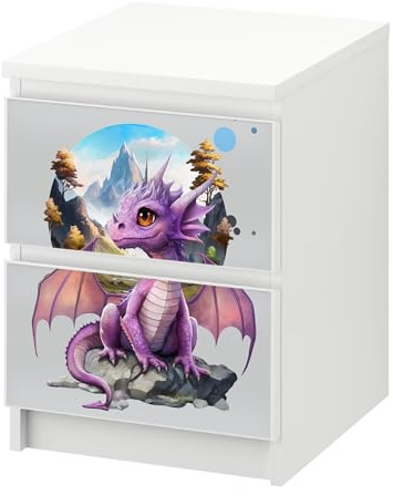 Möbelfolie Drache passend für Ikea Malm Kommode S 2 Schubladen Klebefolie | Selbstklebende Schrankfolie für glatte Schubladenfronten Klebefolie Kinderzimmer Schlafzimmer DIY Upcycling S 2 Schubladen
