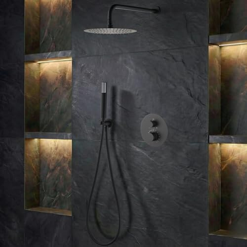 IMEX - Colonne de Douche Encastrée Thermostatique Noir Salle de Bain | Colonne Douche Encastrable Laiton Noire Mat | Pommeau Douche Anti Calcaire en Acier Inoxydable S.304 | Série Genova
