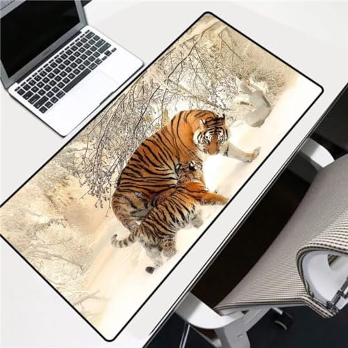 Gaming Mauspad,Mousepad XXL, Mauspad 900x400x2mm, Gamer Mouse Pad, Wasserdicht Tischunterlage Einer speziellen Oberfläche verbessert Geschwindigkeit und Präzision für Büro Zuhause Tiger Schneeszene