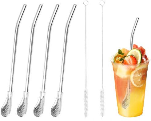 4 Stück Trinkhalme Löffel Edelstahl,Strohhalm mit Löffel Wiederverwendbar,Strohhalmlöffel aus Edelstahl mit 2 Stück Reinigungsbürsten,Yerba Mate Bombilla Trinkhalme für Tee,Kaffee,Zitronentee,Saft