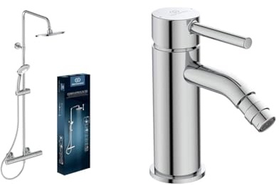 Ideal Standard A7208AA Ceratherm t25 Colonna doccia con miscelatore termostatico esterno, cromo & Ceraline, Miscelatore monocomando per bidet, Cromato