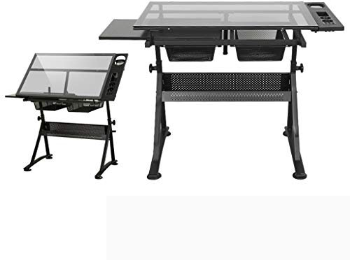 KOHARA Zeichentisch mit Stauraum, höhenverstellbarer, neigbarer Kunsttisch, Zeichentisch mit Glasplatte, für Arbeits-, Studien-, Mal- und Basteltisch