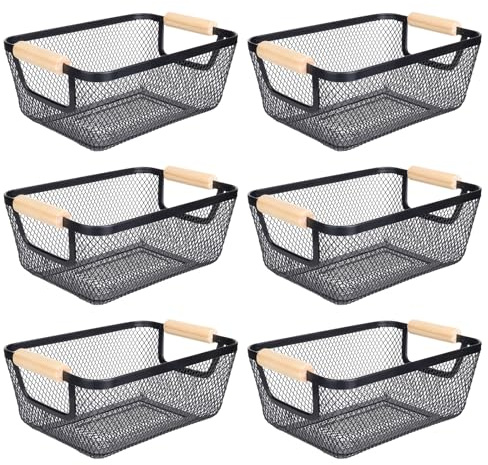 6Pack Black Wire Basket with Wooden Handle, Storage Bins for Pantry, Metal Mesh Basket for Kitchen Organization, Snack Organizer for Home Cabinet Closet Bathroom Fridge Fruit Makeup and Office