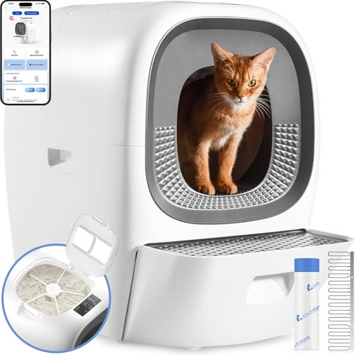 Self Cleaning Litter Tray Auto Refill, Automatic Cat Litter Box for Multiple Cats, Odor-Removal/Smart App Control/Safety Protection, Robotic Kitty Pet Litter Box Anti-Pinch, XXL