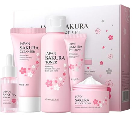 Set De Cuidado De La Piel Para Mujer, 5 Piezas Set De Cuidado De La Piel sakuras Hidratante Con Limpiador Facial, Tónico, Suero, Crema Facial, Crema Para Ojos, Set De Regalo Para El Cuidado De La Piel