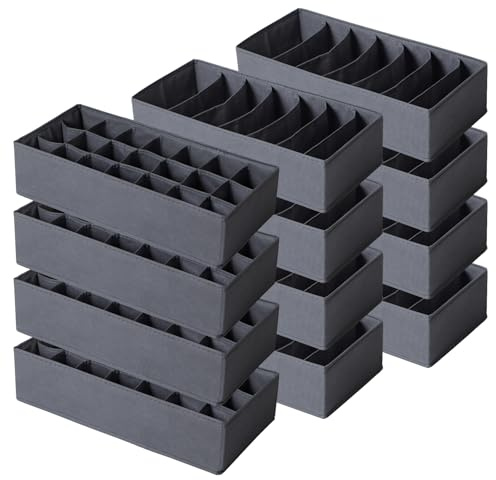 LAJIAKE 12er Set Schubladen Organizer für Kleidung –Kompatibel mit Hemnes Kommoden –Faltbare Aufbewahrungsboxen für Babykleidung, Unterwäsche, Socken, BHs – Grau