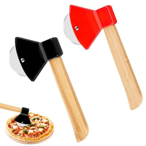 2 Stück Pizzaroller Edelstahl Pizzaschneider Lustig Pizza Cutter Holzgriff Axt Pizzaschneider für Pizza Waffeln Pfannkuchen