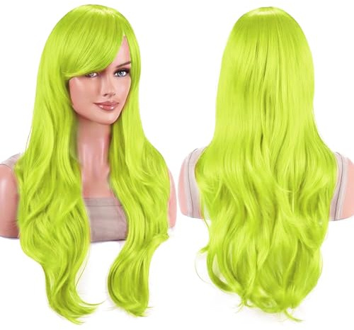 IMISSU 70cm de pelo largo pelucas onduladas de agua con flequillo peluca de disfraz de cosplay (Verde brillante)