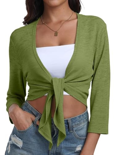 PrinStory Shrugs For Women Tie Front Shrugs Summer Women'S Cardigan Breathable 3/4 Sleeve Top Ladies Open Front Beach Outerwear (Army Green,XL)