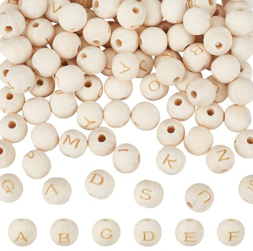 OLYCRAFT 104 Stück Runde Holzperlen Mit Alphabet 13mm Runde Buchstaben Natürliche Holzperlen 4mm Loch 26 Buchstabenperlen Lose Holzperlen Für Schmuckherstellung Und Heimwerkerarbeiten 4 Sets