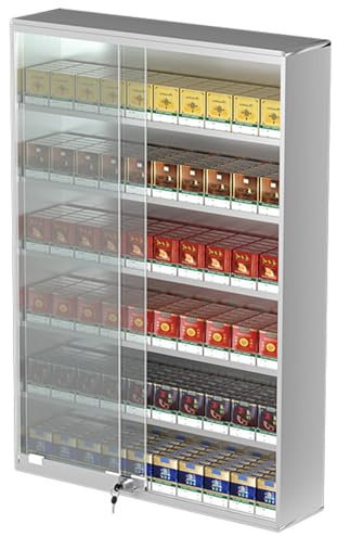 Cigaretthållare, skjutdörr med låsnyckel Cigarettvisningsskåp, cigarettfodral i aluminiumlegering, väggmonterad cigarettfodral med automatisk tryckare,5packs-6-layers10columns