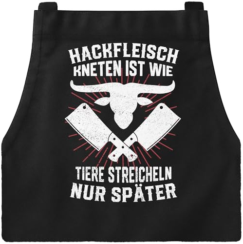 MoonWorks® Herren-Grillschürze mit Spruch Lustig Hackfleich kneten ist wie Tiere streicheln Baumwolle Küchenschürze Männer