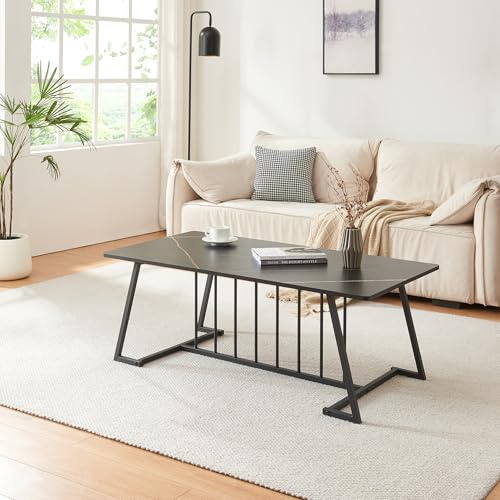 [en.casa] Couchtisch Nospoo Wohnzimmertisch 120 x 60 x 46 cm rechteckig Sofatisch mit Metallgestell Kaffeetisch Marmoroptik, schwarz