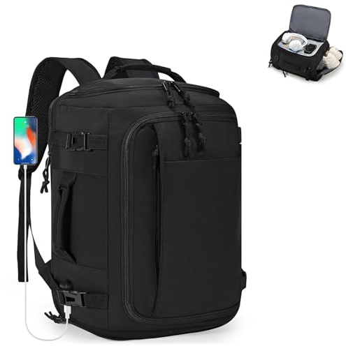 SPAHER Expandible Mochila Viaje Cabina Avión 40x30x15 British Airways 40x30x20 Ryanair Vueling Equipaje de Mano Mujer Hombres Mochila Portatil 15.6 Pulgadas con Puerto de Carga USB, Negro
