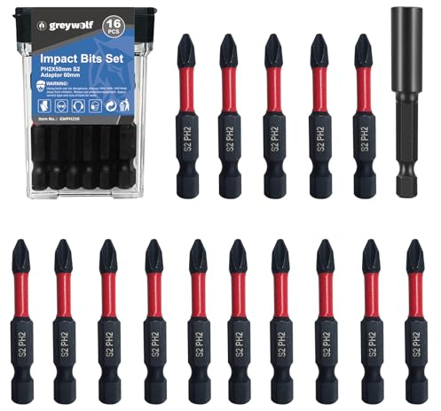 Juego de 16 brocas de impacto de acero S2 PH2, puntas de destornillador Phillips, 2/50 mm, con adaptadores de cambio rápido para taladros eléctricos y taladros de impacto
