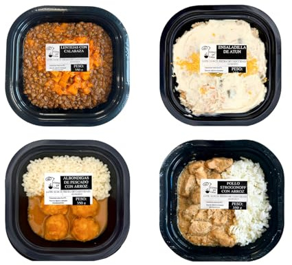 PIDE COMO EN CASA, Platos Preparados Listos para Comer, Lentejas con Calabaza, Ensaladilla de Atún, Albóndigas de Merluza en Salsa Marinera con Arroz, Pollo Strogonoff con Arroz, Pack 4 x 350 g