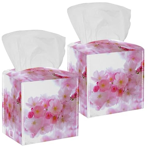 2PCS Square Tissue Box Cover, Japanese Cherry Trees Leather Tissue Case Facial Paper Organizer Dispenser for Vanity Toilet Tank Dresser Night Stand Table Countertop Office Car