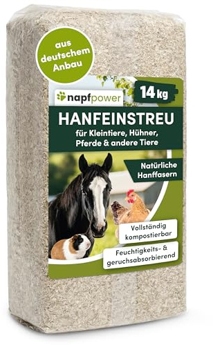 napfpower Hanfeinstreu (14 kg) für Hühner, Kleintiere & Pferde – staubarmes Hanfstreu für Hühner & Kleintiere – extrem saugfähiges & kompostierbares Hanf Einstreu für Tierställe