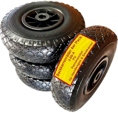 4X Sackkarrenrad Pannensicher VOLLGUMMIREIFEN Ø 260mm, Nabe Ø20×75mm, 3.00-4, für Sackkarren Bollerwagen, Rad Ersatzrad Reifen Räder für Sackkarre Bollerwagenrad Sackkarrenräder, Schwarz/Schwarz, PU