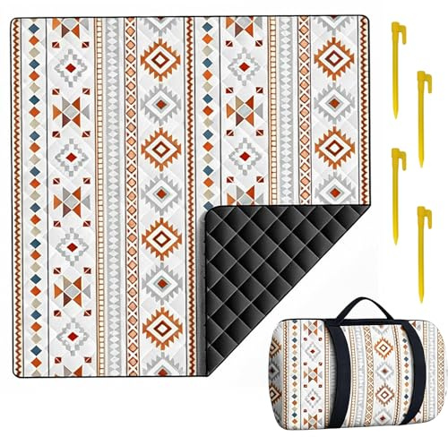 Alyxen Picknickdecke Wasserdicht 200 x 200 cm, Boho Sandfeste Stranddecke Isoliert für 6-8 Personeni mit Tragegriff, Picknickmatte mit Heringen für Graskonzert, Park, BohoGeometrie