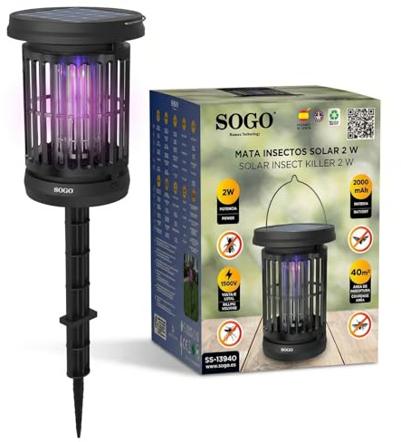 Mata Insectos Solar 2W – Lámpara Antimosquitos Exterior hasta 40m², Recargable por Energía Solar y USB, Impermeable IPX4, Sin Químicos, Portátil para Jardín y Camping