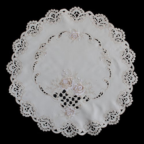 Tischdecke Tischläufer Mitteldecke Tisch-Deckchen Deko Motiven Stickerei Größe 60cm Rund (Creme 2)