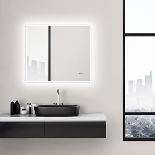 Talos Sun LED Badspiegel 80x70 cm mit Beleuchtung – Wandspiegel mit LED-Lichtumrahmung – Beleuchteter Badezimmer Spiegel mit neutralweißem Licht – Spiegel mit Digitaluhr für Bad