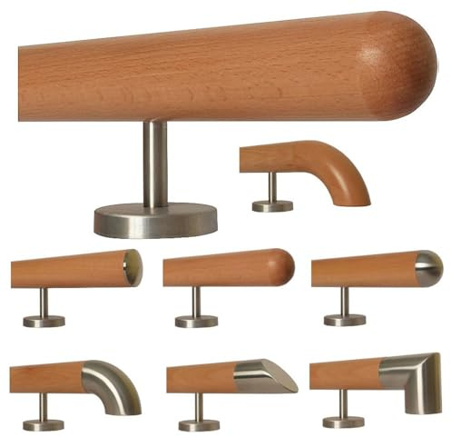 TIBU Buche Holz Handlauf für Treppe Geländer gerade Edelstahlhalter, Länge 30-500 cm aus einem Stück/zum Beispiel Länge 60 cm mit 2 gerade Halter und Enden Halbkugel gefräst