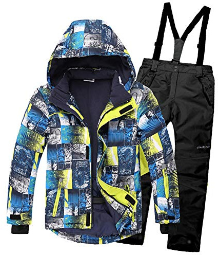 SXSHUN Combinaison de Ski/Neige Manteau et Salopettes Pantalons Epaisse Imperméable Coup Vent pour Enfant Fille Garçon 3-16 Ans, Bleu + Noir, 10-11 Ans/Stature 140-150cm