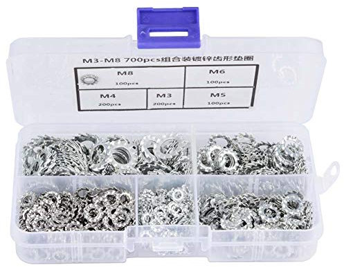 Regun Rondelle di Sicurezza - 700pcs zincato zigrinato dentato rondella di Sicurezza Set Piatto Fissaggio Strumento M3 / M4 / M5 / M6 / M8