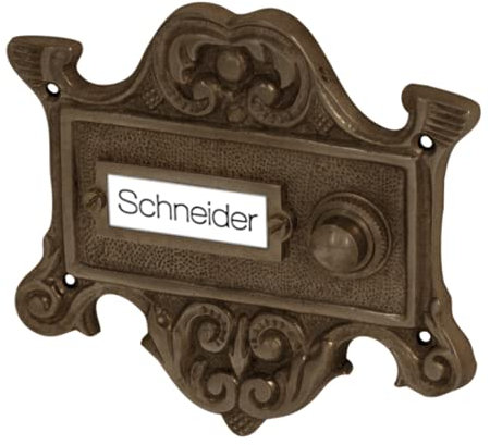 Antik Türklingel, A9181, aus Messing, dunkel patiniert, mit Klingelplatte und Klingeltaster - handgefertigt nach antiken Vorlagen